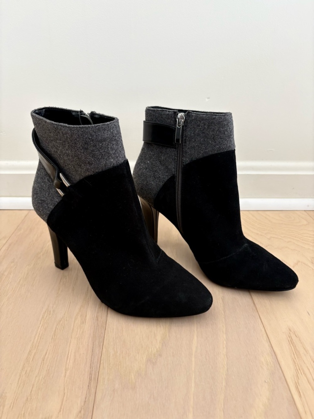 Tahari Black and Gray Suede Pointed-Toe Ankle Booties